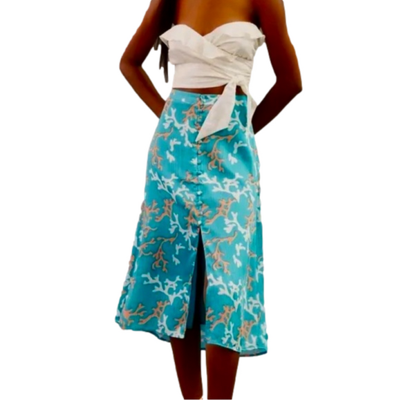 Anthropologie Maeve A-Line Button Front Midi Skirt Size 2 Coral Print Aqua - Picture 5 of 11